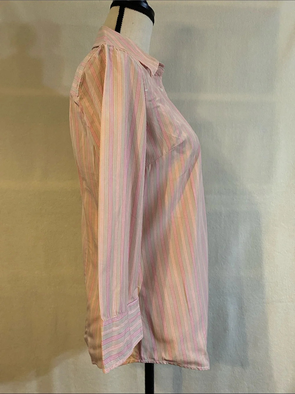 J. Crew 3/4 sleeve pink brown white striped cotton button down shirt